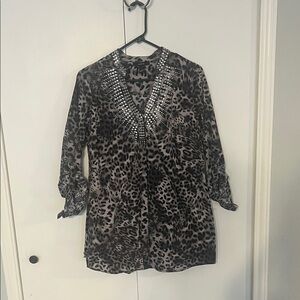 Alfani Black Leopard Print Embellished Blouse